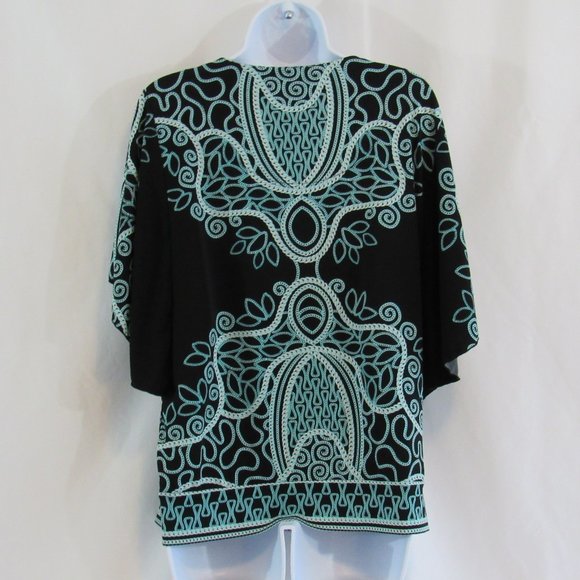 JM COLLECTION Women's Size M, Short Sleeve, Black, Blue Pullover stretch Top - Picture 3 of 7